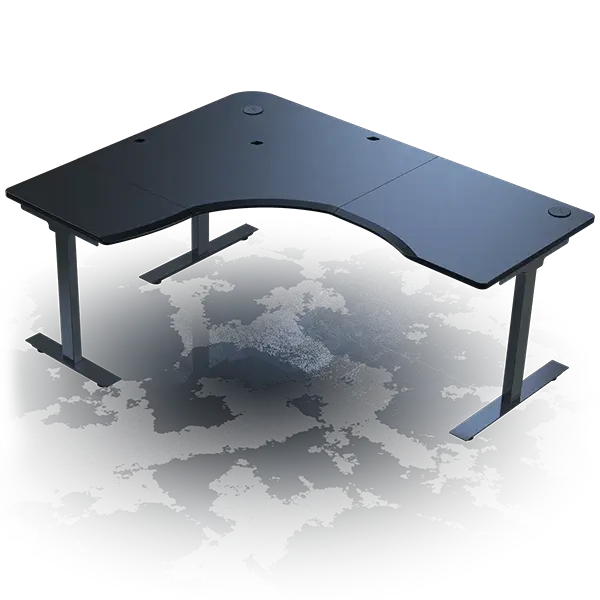 corner gaming desk with black top and black height adjustable legs