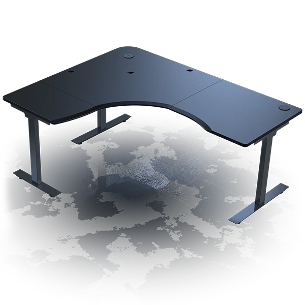 corner gaming desk with black top and black legs
