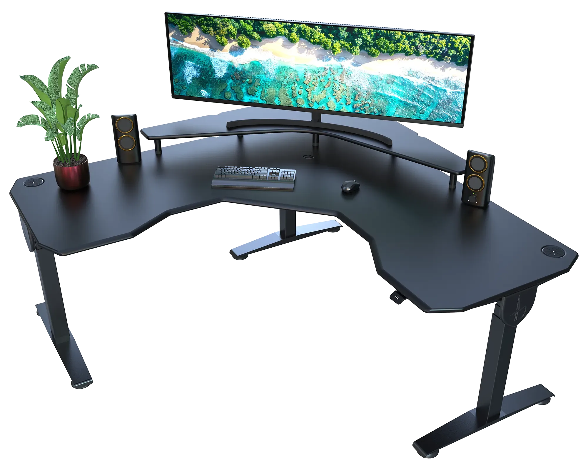 Black L-shaped desk with computer setup including a monitor, keyboard, and speakers on a white background.
