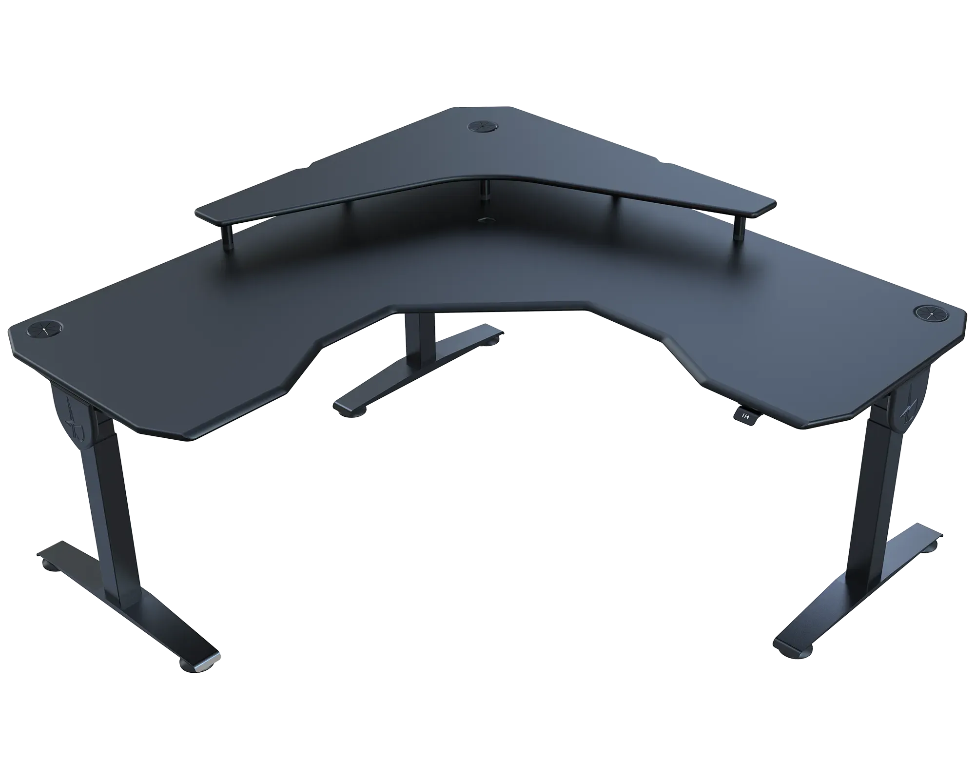 Black L-shaped desk on a white background