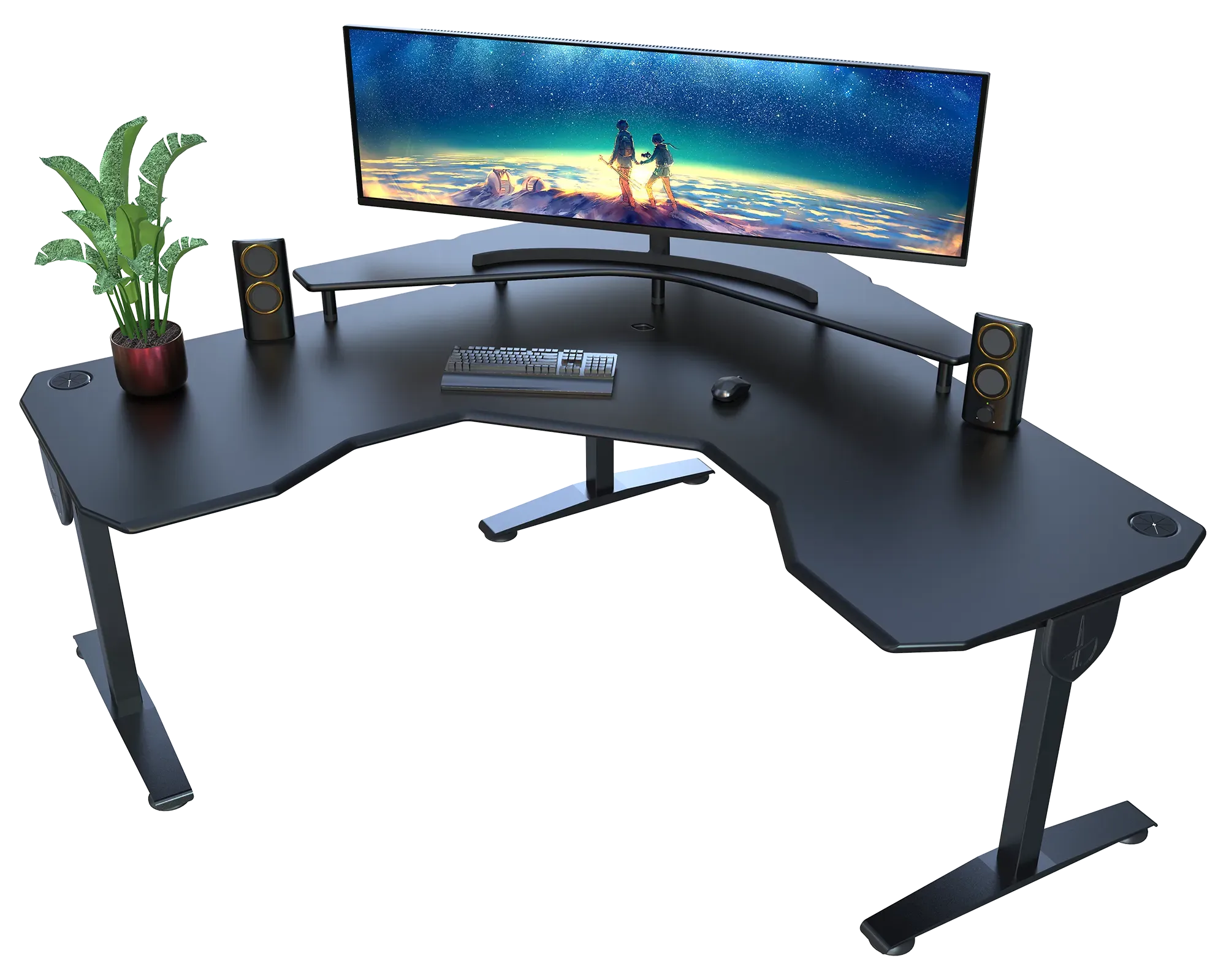Black L-shaped desk with computer setup including a monitor, keyboard, mouse, and speakers on a white background.