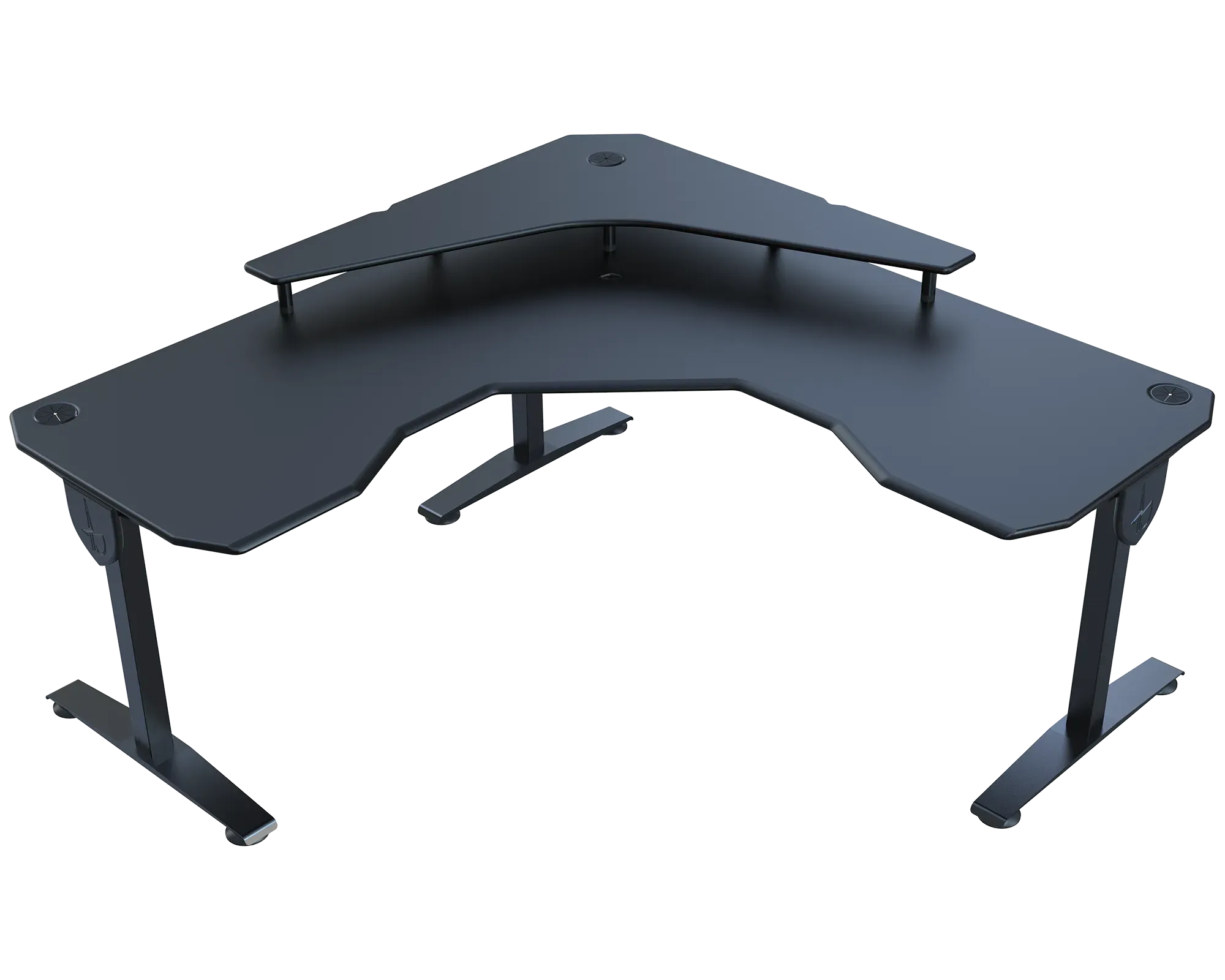 Black L-shaped desk on a white background