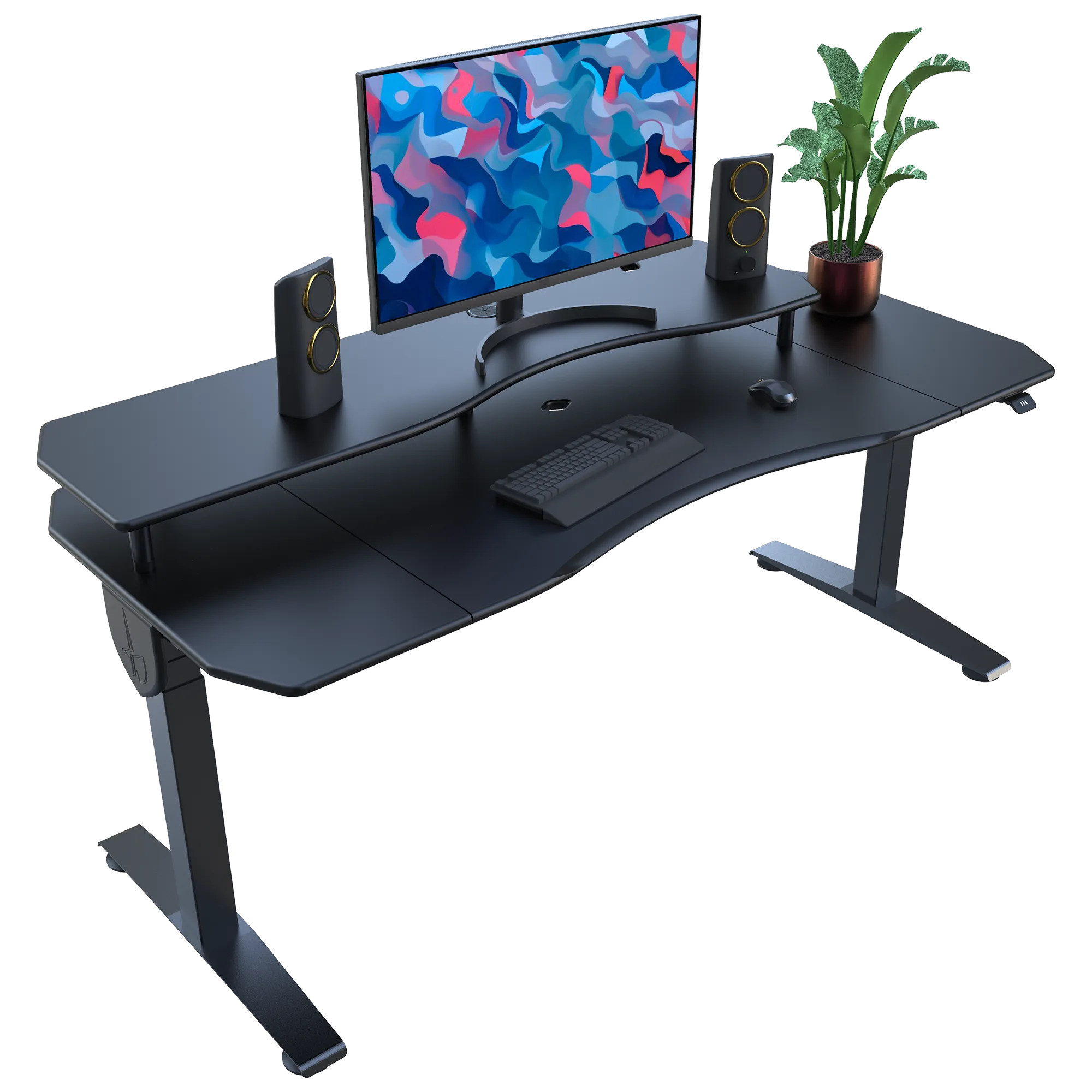 Black rectangular desk with computer setup including a monitor, keyboard, speakers, and a plant on a white background.