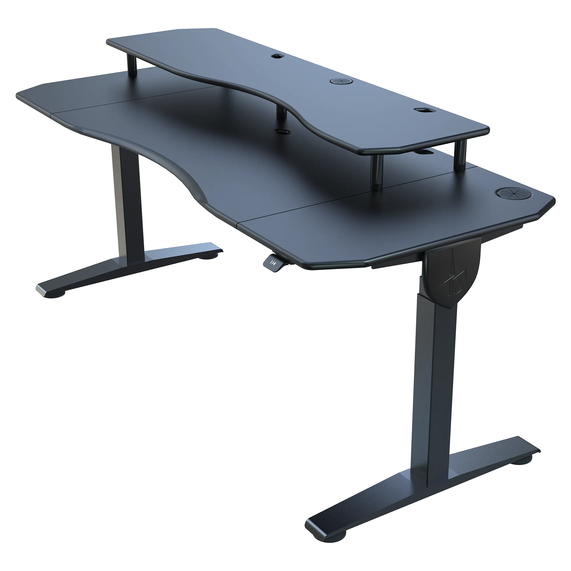 Black adjustable standing desk on a white background