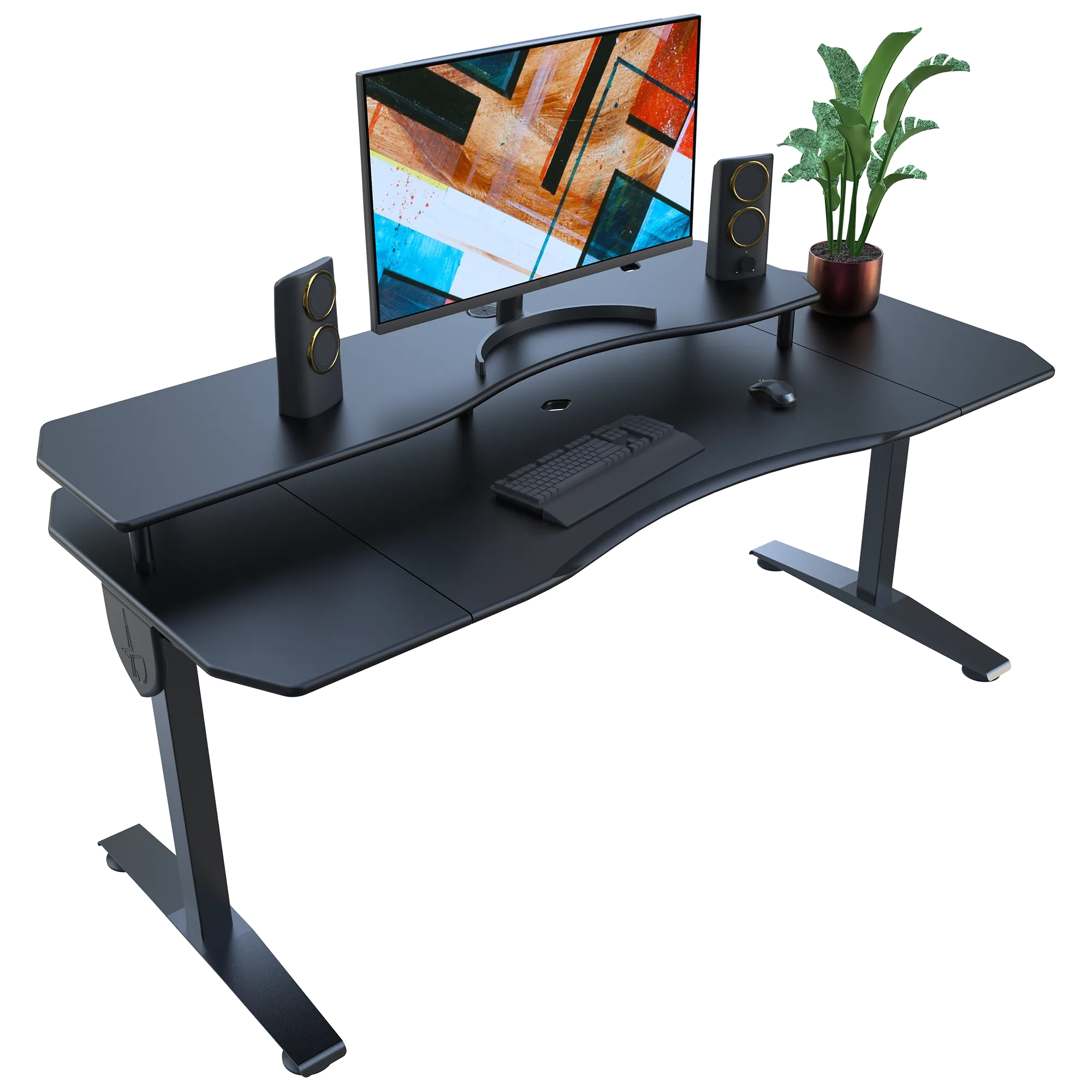 Black rectangular desk with computer setup on a white background