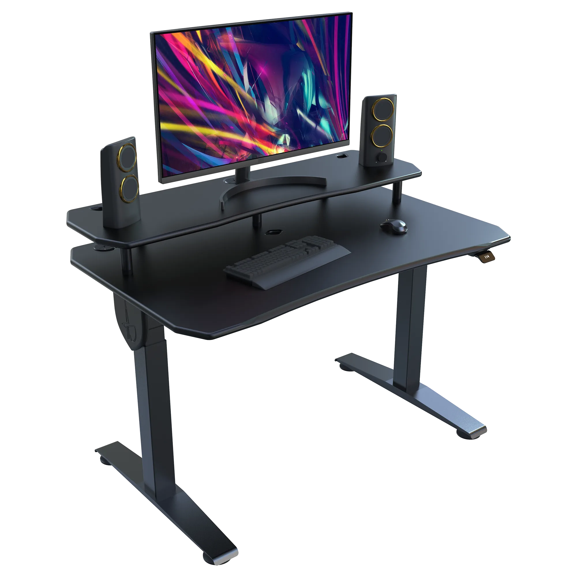 Black computer desk with a monitor, keyboard, and speakers on a white background