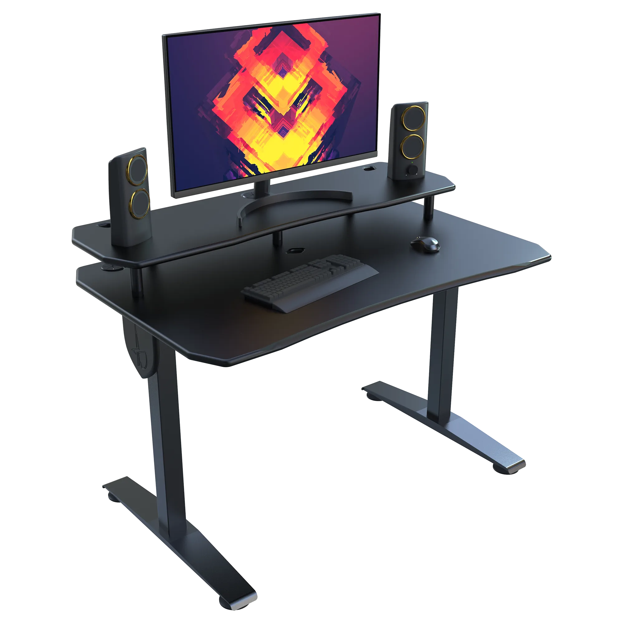 Black computer desk with monitor, keyboard, and speakers on a white background